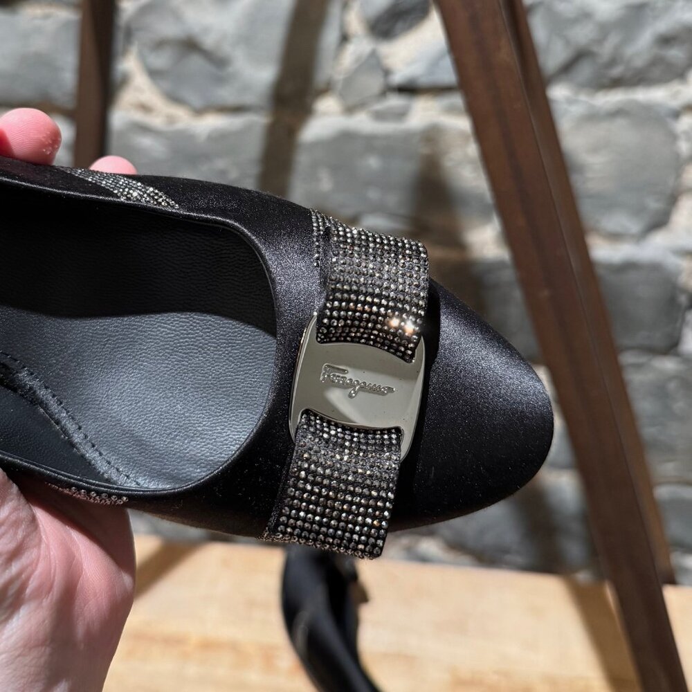 Salvatore Ferragamo Black Satin Crystal Embellished Pumps - Picture 10 of 12